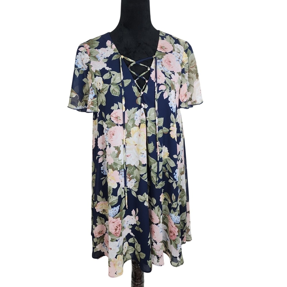 SHOW ME YOUR MUMU Size Medium Kylie Lace Up Blue Floral Chiffon Mini Dress EUC